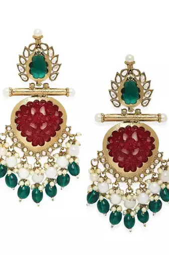 Elegant kundan-inspired chandelier earrings with red and green gemstones