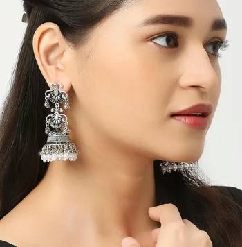 Vintage oxidized silver jhumka earrings with pearl and red bead accents 2