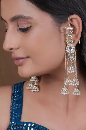 Elegant silver kashmiri-style chandelier earrings with jhumka drops