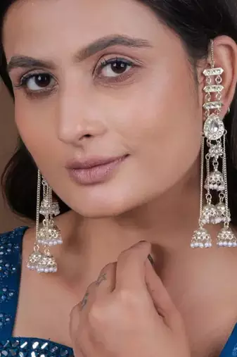 Elegant silver kashmiri-style chandelier earrings with jhumka drops