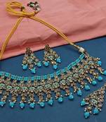 Turquoise kundan choker necklace set with matching earrings and maang tikka