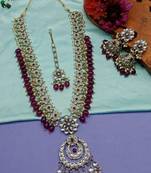 Elegant kundan wine gemstone necklace set with maang tikka and jhumka earrings