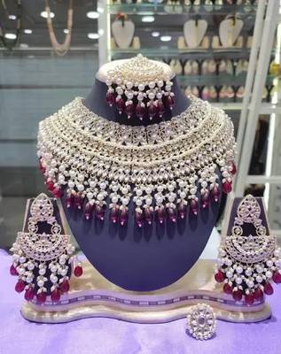 Opulent bridal kundan choker set with wine beads and matching earrings & maang tikka 1