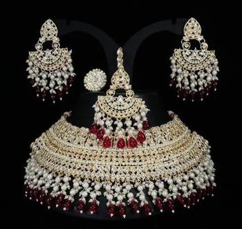 Opulent bridal kundan choker set with wine beads and matching earrings & maang tikka 2