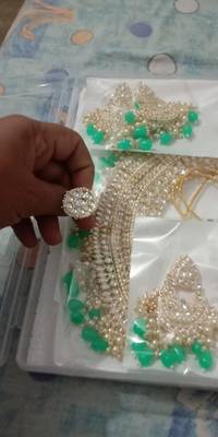 Opulent bridal kundan choker set with mint beads and matching earrings & maang tikka 2