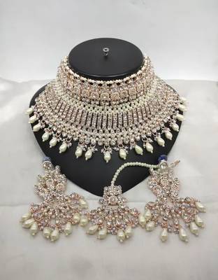 Exquisite crystal and pearl bridal choker set with matching earrings and tikka 1