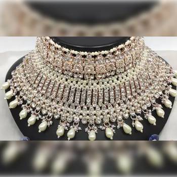 Exquisite crystal and pearl bridal choker set with matching earrings and tikka 2