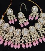 Kundan choker necklace set with pink beads and pearls - traditional indian wedding jewelry
