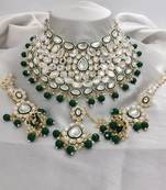Royal kundan choker set with emerald green beads - traditional indian wedding jewelry set with earrings and tikka