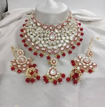 Royal kundan choker set with magenta beads - traditional indian wedding jewelry set with earrings and tikka 1