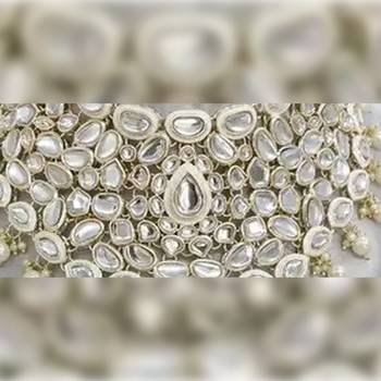 Royal kundan choker set with white beads - traditional indian wedding jewelry set with earrings and tikka 2