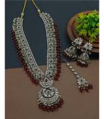 Long necklace set with maroon beads - traditional indian wedding jewelry with earrings & tikka