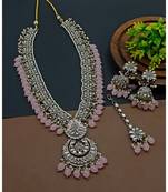 Long necklace set with pink beads - traditional indian wedding jewelry with earrings & tikka