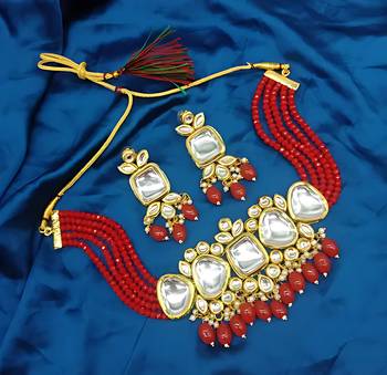 Kundan red beaded necklace set - traditional multi-strand jewelry with red beads and mirror work 1
