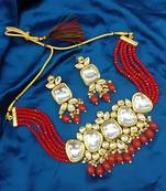Kundan red beaded necklace set - traditional multi-strand jewelry with red beads and mirror work