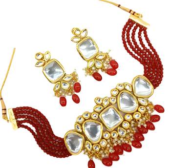 Kundan red beaded necklace set - traditional multi-strand jewelry with red beads and mirror work 2