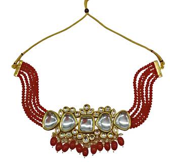 Kundan red beaded necklace set - traditional multi-strand jewelry with red beads and mirror work 3