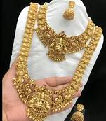 Traditional temple lakshmi design gold-plated bridal necklace set with jhumka earrings | south indian wedding jewelry