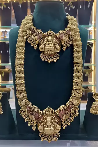 Traditional temple lakshmi design gold-plated bridal Necklace :: set with jhumka earrings | south indian wedding jewelry