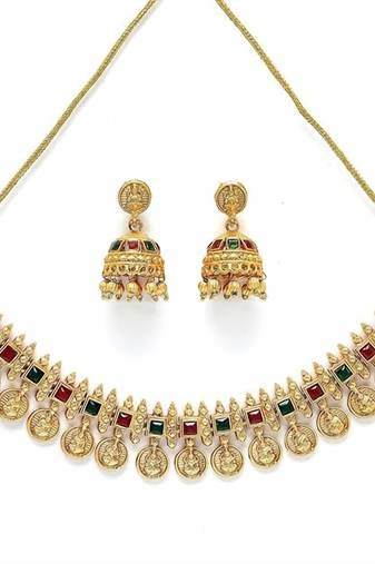 Traditional temple coin necklace set with matching jhumkas for women