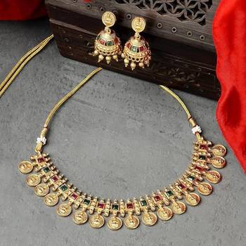 Traditional temple coin Necklace :: set with matching jhumkas for women 3
