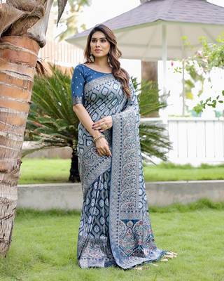 Blue Faux Kanjivaram Silk Saree with unstitched blouse  1