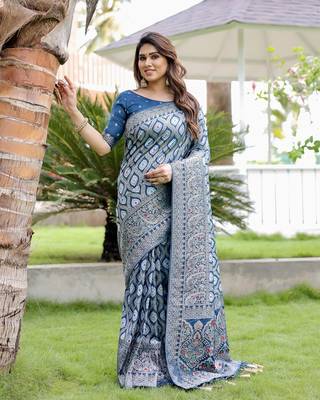 Blue Faux Kanjivaram Silk Saree with unstitched blouse  3