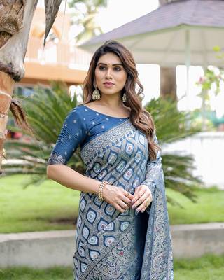 Blue Faux Kanjivaram Silk Saree with unstitched blouse  5