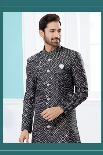 Jackard digital printed with thread work indowestern sherwani set