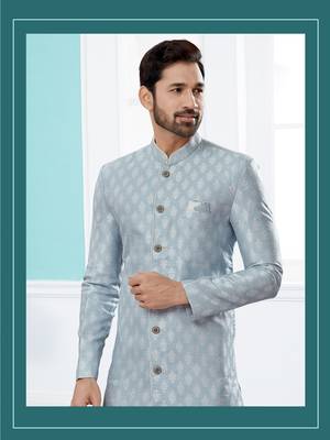 sky blue banarasi jackard indowestern sherwani 1