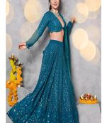 Glamorous Rama Sequins And Zari Embroidered Faux Georgette Lehenga Choli For Bride