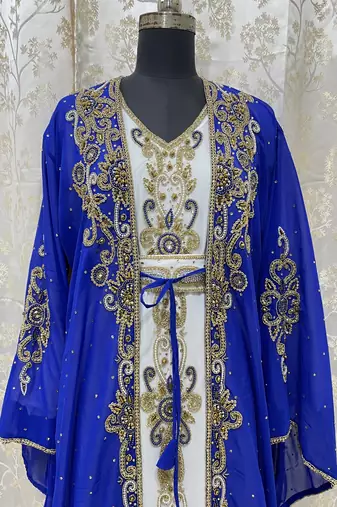 Royal-Blue And White Zari Embroidered Stone Work Georgette Casual Stitched Wedding Party Wear Dress 272