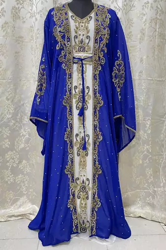 Royal-Blue And White Zari Embroidered Stone Work Georgette Casual Stitched Wedding Party Wear Dress 272