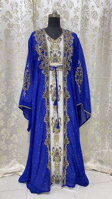 Royal-Blue And White Zari Embroidered Stone Work Georgette Casual Stitched Wedding Party Wear Dress 272 4