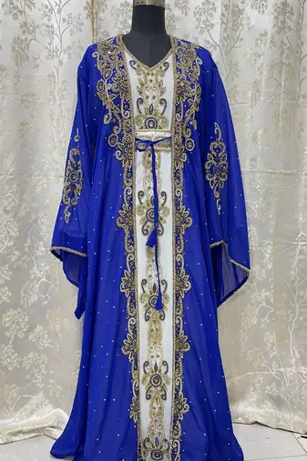Royal-Blue And White Zari Embroidered Stone Work Georgette Casual Stitched Wedding Party Wear Dress 272