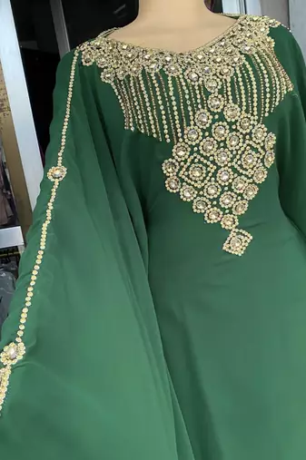 Green Handcrafted Zari Stone Bedded work Stitched Kaftan Party Wedding Dresses 