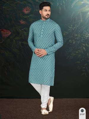 Degital printed with full amrodery thread work kurta pajama set 1