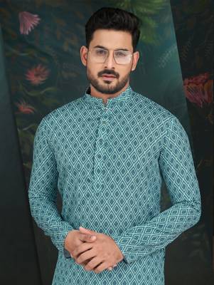 Degital printed with full amrodery thread work kurta pajama set 3
