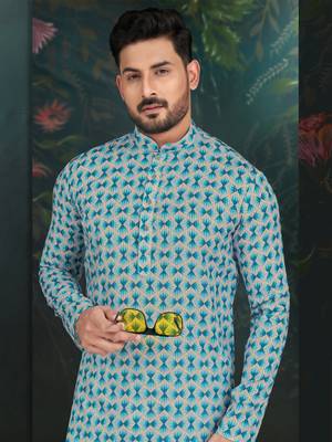 Degital printed with full amrodery thread work kurta pajama set 3