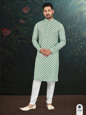 Degital printed with full amrodery thread work kurta pajama set 1