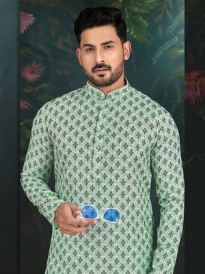 Degital printed with full amrodery thread work kurta pajama set 3