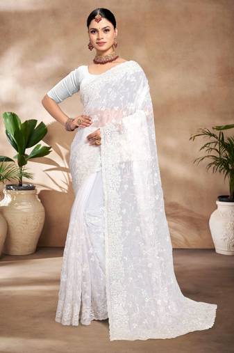 White Resham sequin Embroidery Jimmy Choo Silk Saree