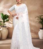 White Resham sequin Embroidery Jimmy Choo Silk Saree