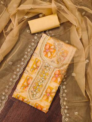Women'S Yellow Viscose Organza Hand Wrok Unstitched Dress Material 1