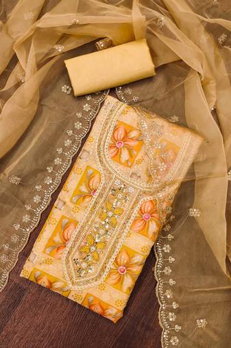 Women'S Yellow Viscose Organza Hand Wrok Unstitched Dress Material