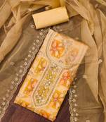 Women'S Yellow Viscose Organza Hand Wrok Unstitched Dress Material