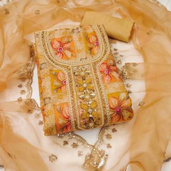 Women'S Yellow Viscose Organza Hand Wrok Unstitched Dress Material 2