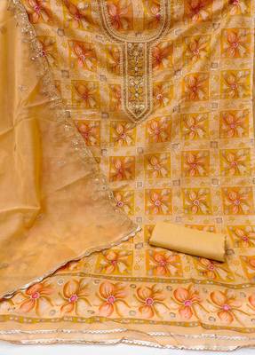 Women'S Yellow Viscose Organza Hand Wrok Unstitched Dress Material 3