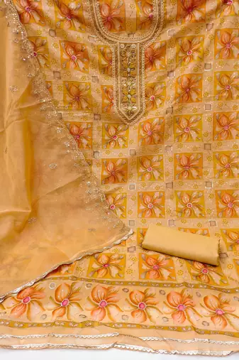 Women'S Yellow Viscose Organza Hand Wrok Unstitched Dress Material