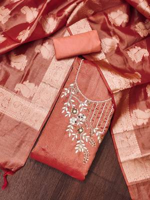 Peach Pure Viscose Hand Wrok Unstitched Dress Material 1